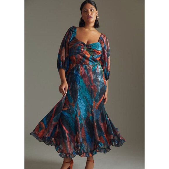 Hutch NWT Printed Twist-Front Puff-Sleeve Ruffle-Hem Dress Size 16W